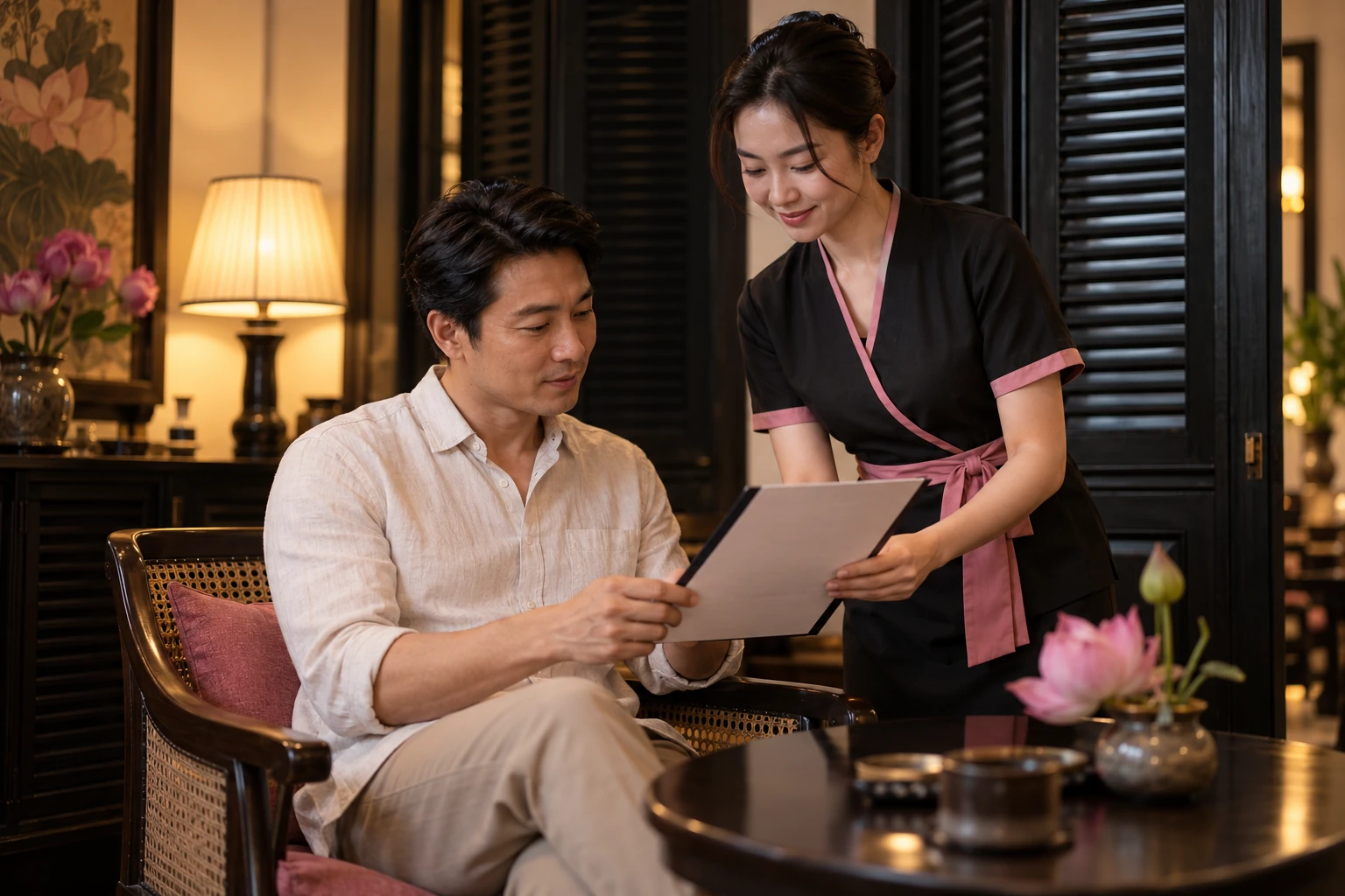 客人与理疗师核对纸面信息（AI设计示意）