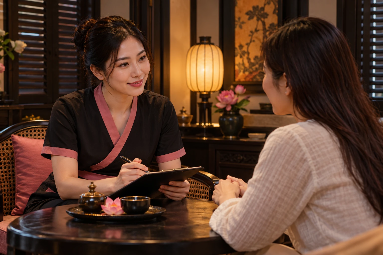 理疗师与客人沟通个人偏好(AI设计示意)