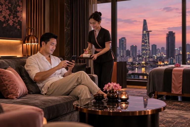 客人在休闲房间使用手机咨询(AI设计示意)