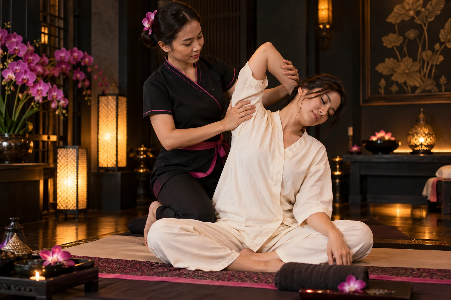 VIP Massage KTV 理疗师为穿着宽松服装的客人提供泰式辅助伸展